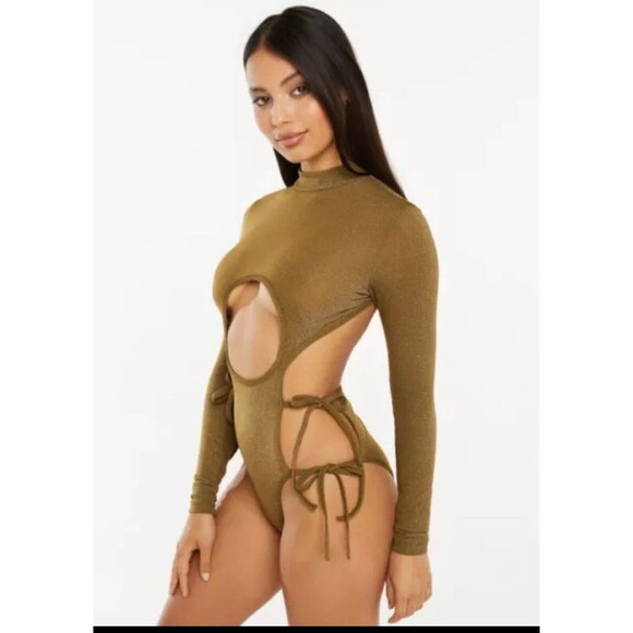 Savage X Fenty Bodysuit Green Shine Strapy Teddy Thong Mock Neck Size M - Picture 4 of 9